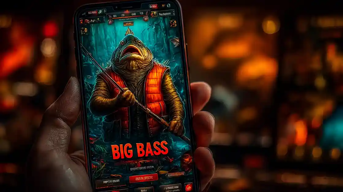A close-up of a hand holding a smartphone showcasing a BIG BASS fishing game, featuring an anthropomorphic fish character, highlighting the engaging casual games on ck66.