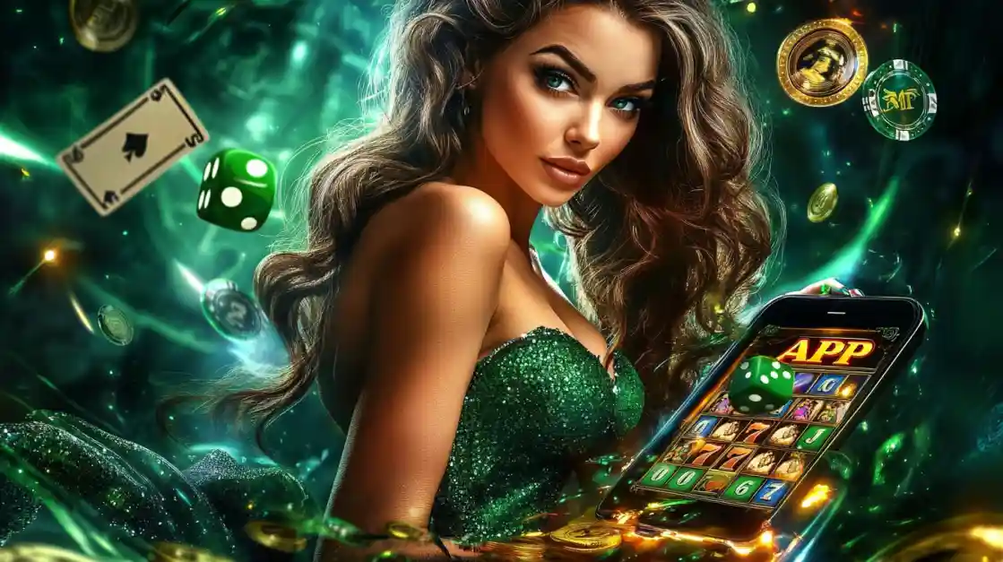 An enchanting woman with flowing hair, adorned in green, gazes captivatingly, surrounded by floating cards, dice, and coins, alongside a smartphone featuring the ck66 gaming app.