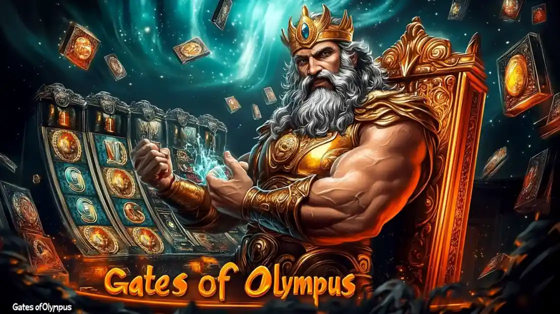A majestic Zeus figure on a golden throne, surrounded by floating cards and a ck66 slot machine, with Gates of Olympus prominently displayed, inviting players to a mythical gaming experience.