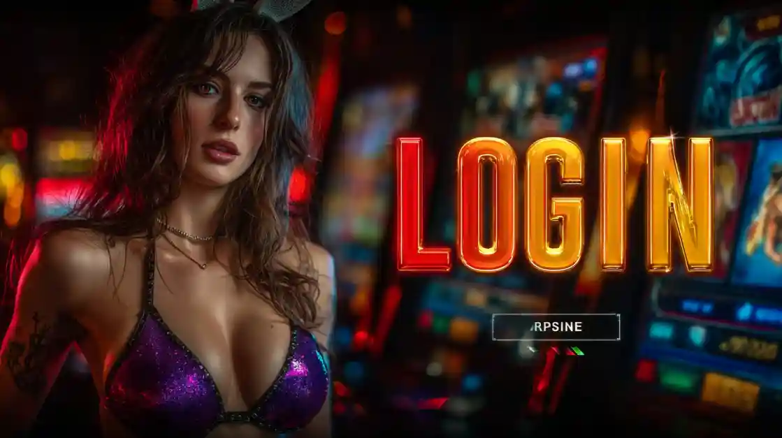 A captivating woman in a shimmering top stands beside a prominent LOGIN interface, with ck66 slot machines softly blurred in the background, inviting users to enter the world of ck66.