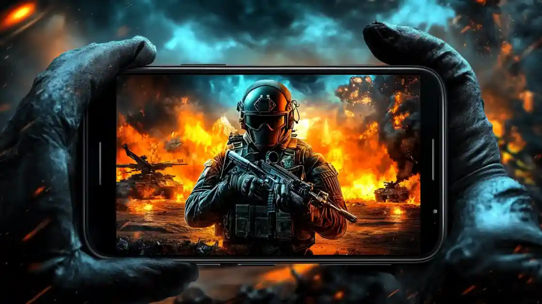 Hands holding a smartphone displaying an intense military shooter game with a soldier amidst explosions and tanks, showcasing the immersive action available on ck66.
