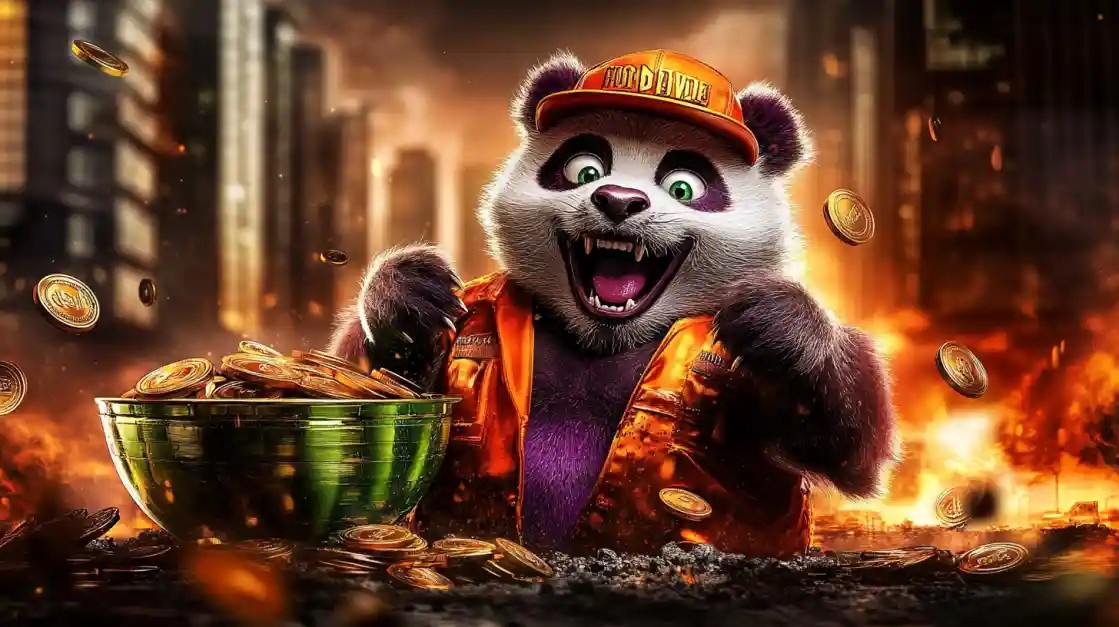 A cheerful panda character wearing an orange cap and jacket, surrounded by golden coins and a bowl of money, symbolizing wealth and good fortune with ck66.