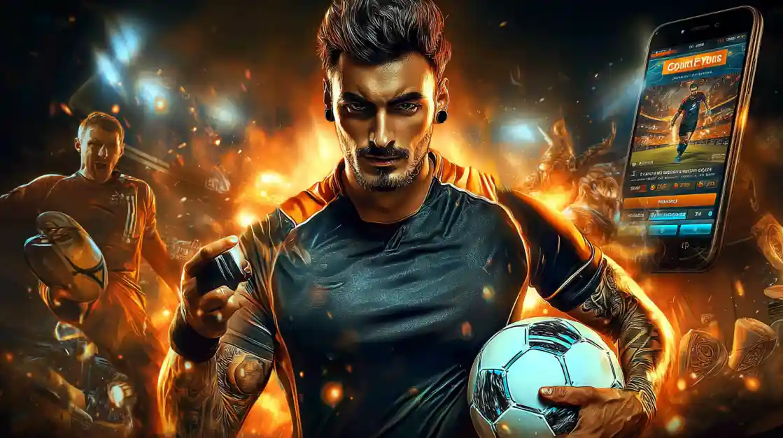 An intense male soccer player with tattoos holds a football, looking confidently at the camera with a ck66 sports betting app on a phone beside him, all set against a fiery action background.