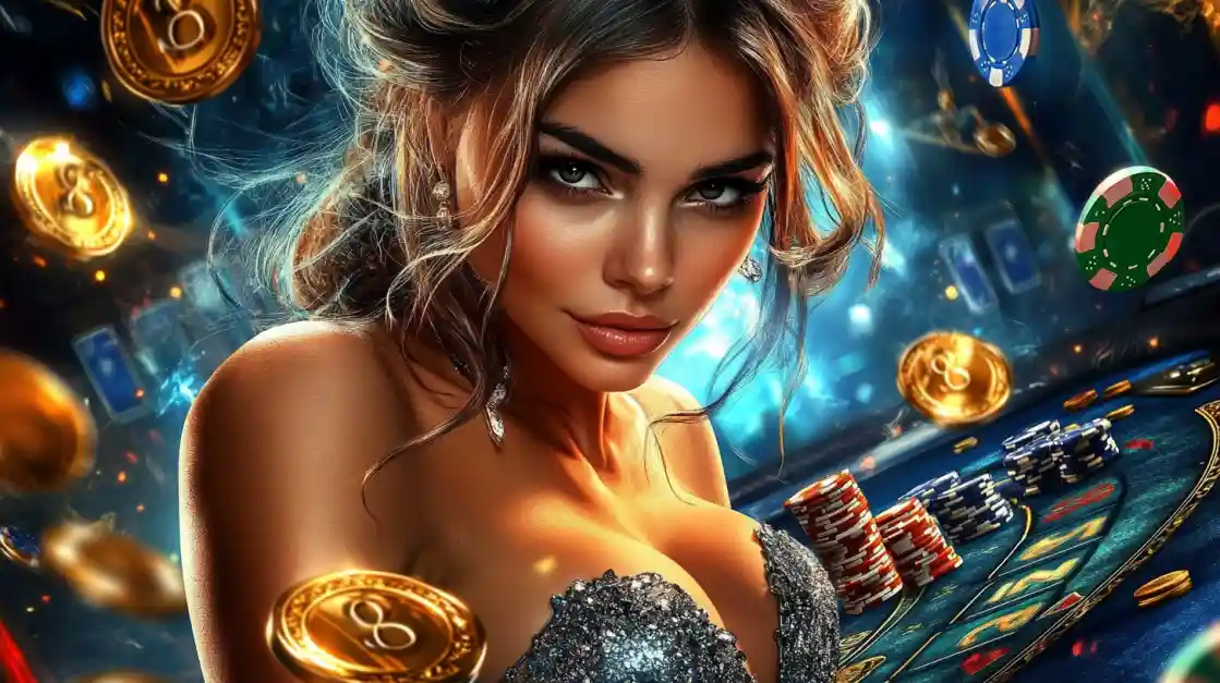 A beautiful woman in a glittering dress gives a captivating look while at a ck66 casino table, surrounded by floating gold coins, casino chips, and a roulette wheel.