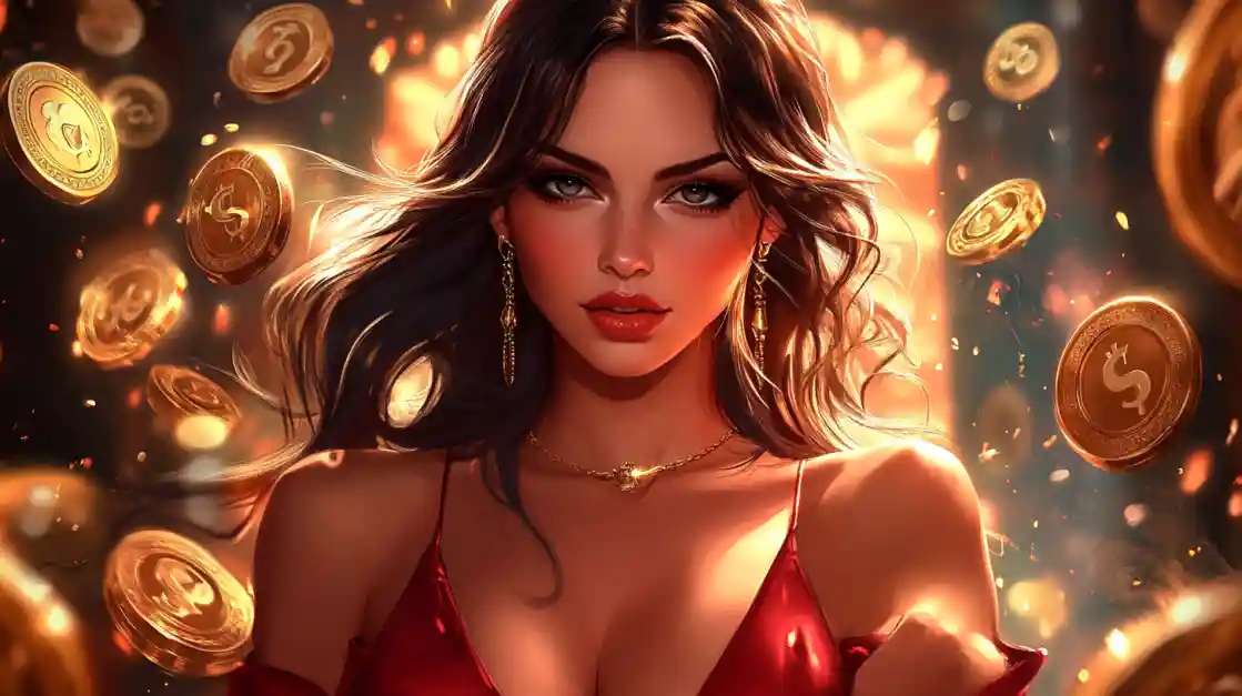 A stunning woman in a red dress, adorned with delicate jewelry, looks directly at the viewer as a shower of golden ck66 coins rains down around her, symbolizing big wins.