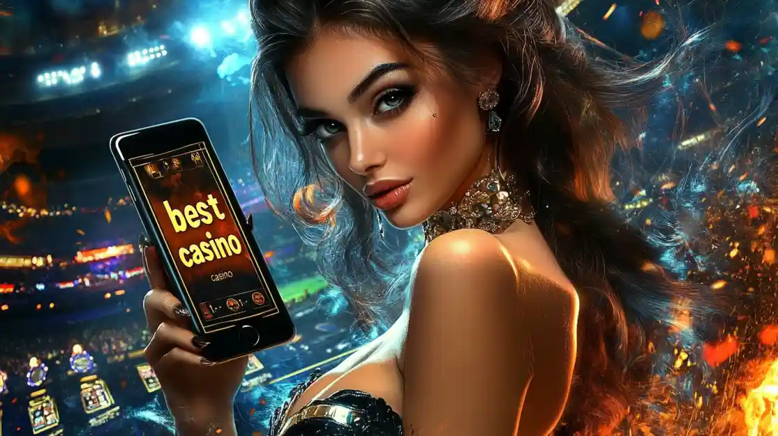 An alluring woman holds a smartphone with the best casino app from ck66 glowing on the screen, set against the backdrop of a brightly lit stadium and ambient flames.