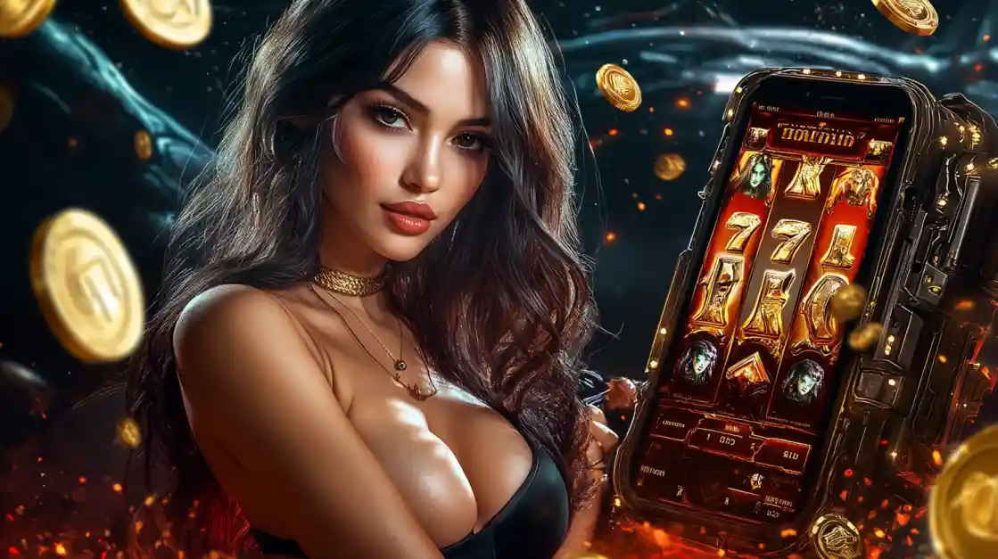 A beautiful woman in a black top looks confidently at the viewer while holding a smartphone displaying a ck66 mobile slot game with 777 symbols and golden coins.