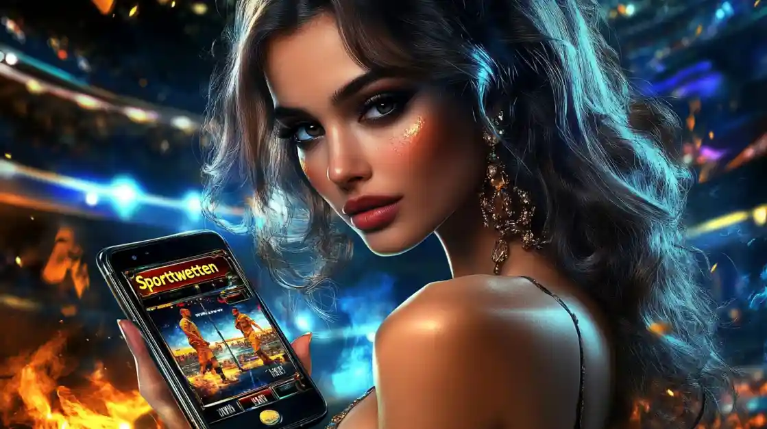 A glamorous woman with elegant makeup looks over her shoulder, holding a smartphone displaying the ck66 sports betting app against a vibrant stadium backdrop with fire effects.